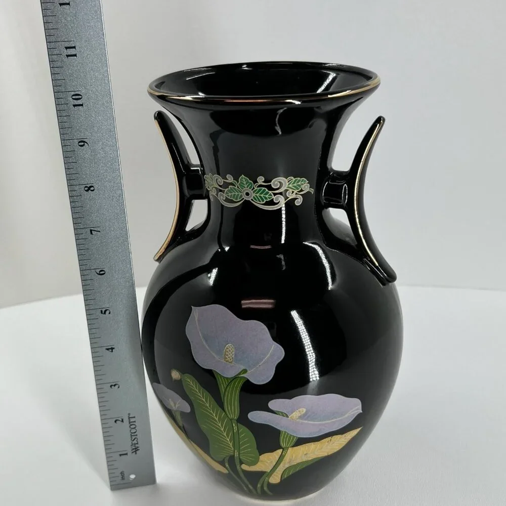 Vintage Japanese Black Floral Vase Calla Lily Vase Gold Trim Dual Handle Decor